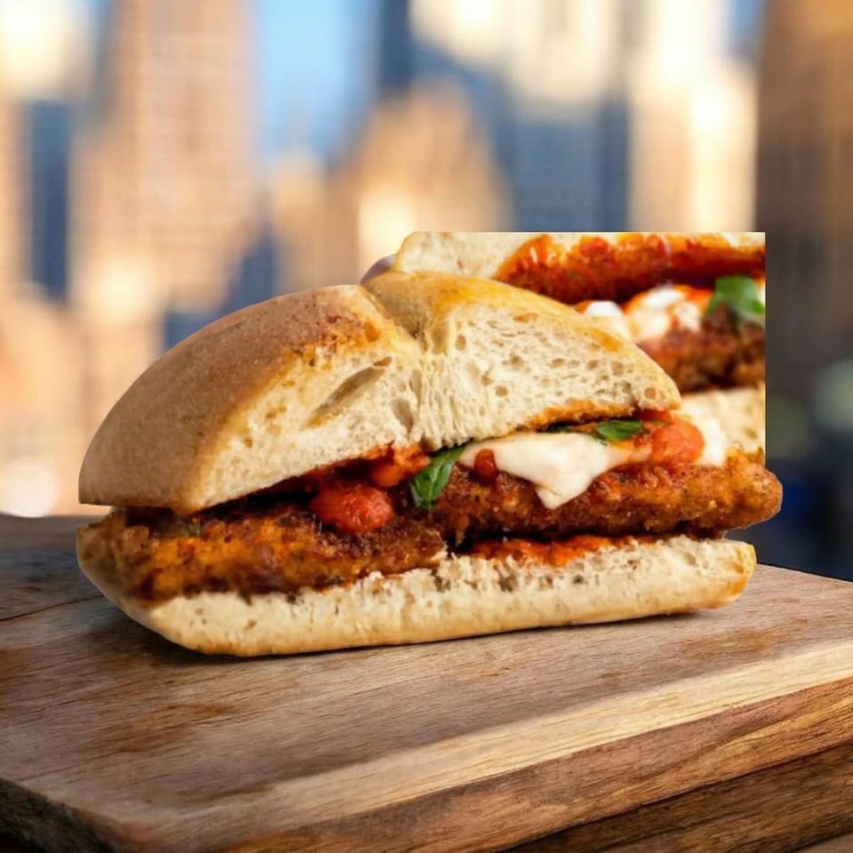 A Chicago's Best chicken parmesan sandwich with melted mozzarella, marinara, and basil on a wooden board.