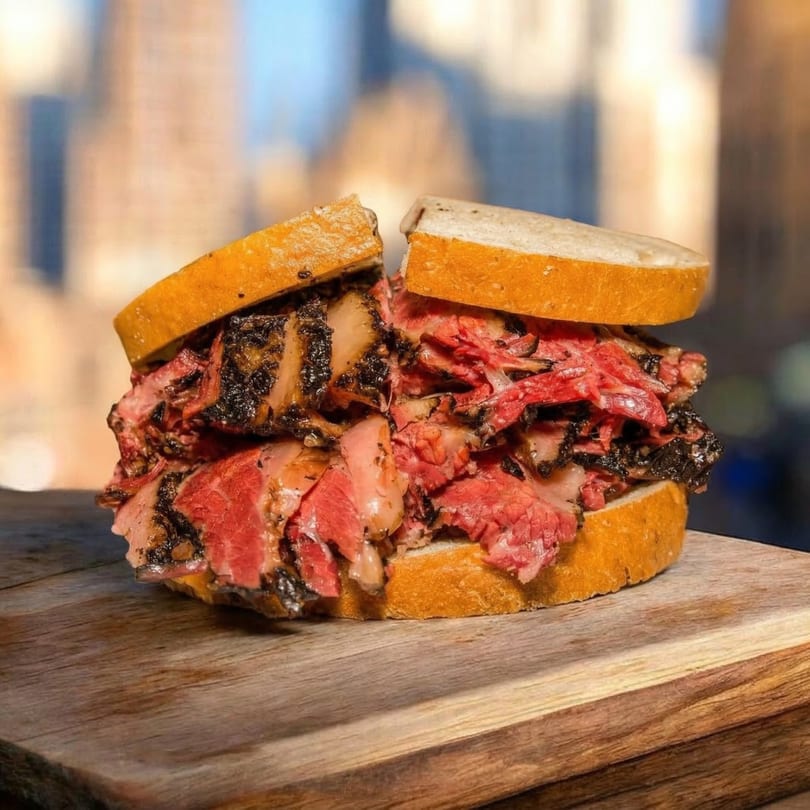 A large, juicy pastrami sandwich on a wooden board, with a blurred city background.
